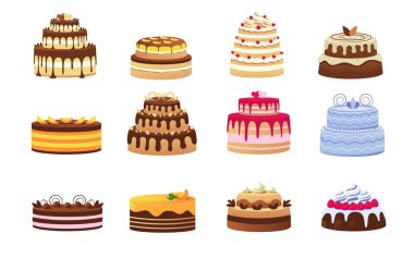 Wedding cakes. Cartoon sweet celebration dessert, colorful various pastry and bakery with cream glaze fruits and biscuits. Vector party cake isolated set. Chocolate and vanilla tastes