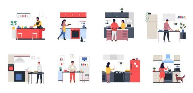 People cooking. Family prepare dinner on kitchen at home, man and woman cut bake fry and boil ingredients. Vector cartoon people cooking dinner together. Characters cooking homemade dishes