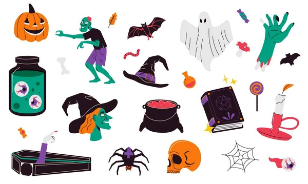 Halloween Collection Cute Spooky Cartoon Elements Flat Style Scary Funny — Image vectorielle