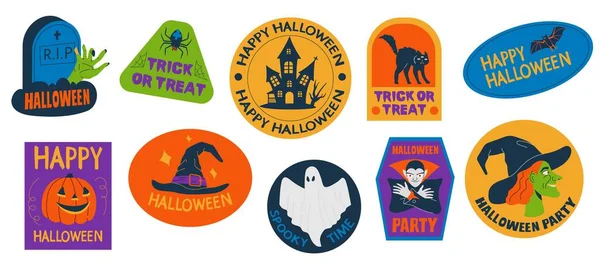 Halloween Emblems Cartoon Labels Traditional Horror Symbols Characters Scary Spooky — Vetor de Stock
