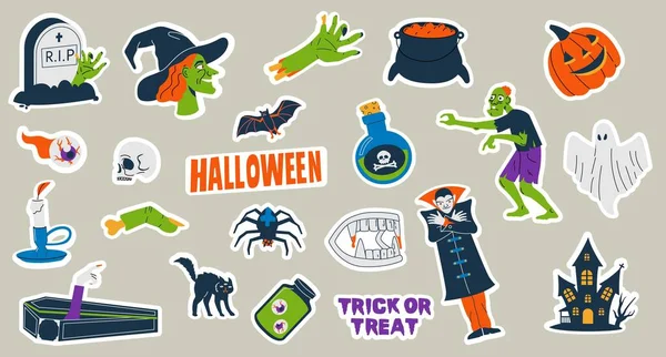 Halloween Stickers Cute Cartoon Scary Traditional Characters Trick Treats Holiday — Vetor de Stock