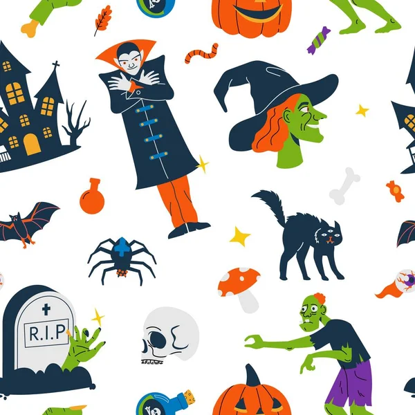 Halloween Pattern Seamless Print Cute Scary Traditional Symbols October Holiday — Stock vektor