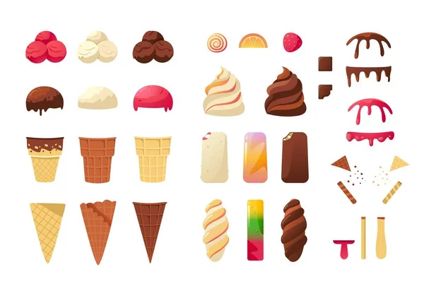 Ice Cream Constructor Cartoon Cold Summer Dessert Ingredients Pieces Colorful — Wektor stockowy