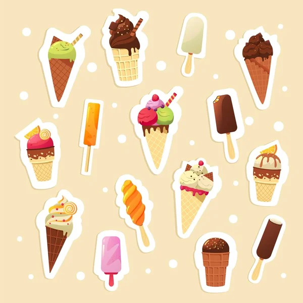 Ice Cream Stickers Cartoon Cute Isolated Badges Cold Sweet Summer — Stock Vector