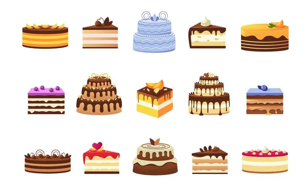 Cakes Pieces Colorful Sweet Dessert Slices Whole Cakes Cream Glaze — 图库矢量图片
