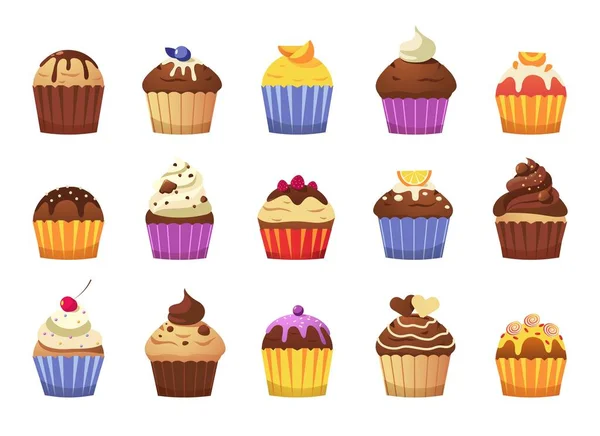 Cartoon Cupcakes Delicious Muffins Cream Sprinkles Colorful Sweet Desserts Celebration — Vector de stock