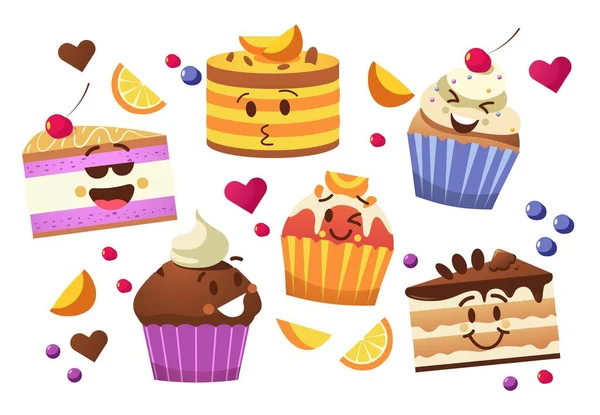 Cupcake Characters Kawaii Cartoon Muffins Sweet Cake Mascots Cute Emoticon — Vector de stock