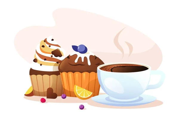 Cupcake Coffee Cartoon Muffins Cup Cappuccino Sweet Morning Food Hot — 图库矢量图片