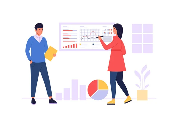 Previsioni Mercato Persone Che Analizzano Grafico Informativo Diagrammi Personaggi Che — Vettoriale Stock