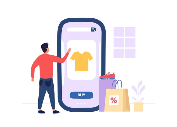 Zakupy Online Mężczyzna Wybiera Koszulkę Ekranie Telefonu Komórkowego Człowiek Robi — Wektor stockowy