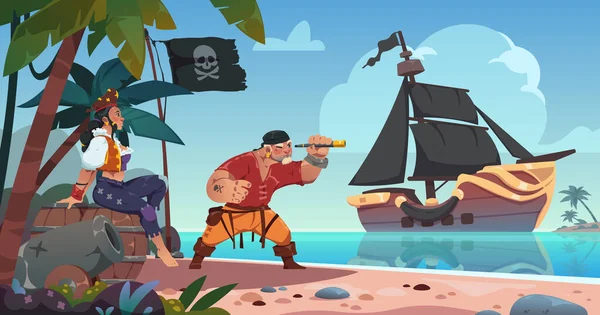 熱帯の島の海賊 海賊船とスパイガラスを見て男性キャラクターと海の風景 漫画の女性は木製の樽に座っている 頭蓋骨と十字架の骨のイラストの黒い旗 — ストックベクタ