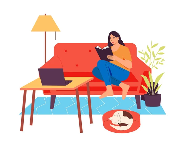 Wanita Membaca Buku Karakter Wanita Muda Duduk Sofa Dalam Suasana - Stok Vektor