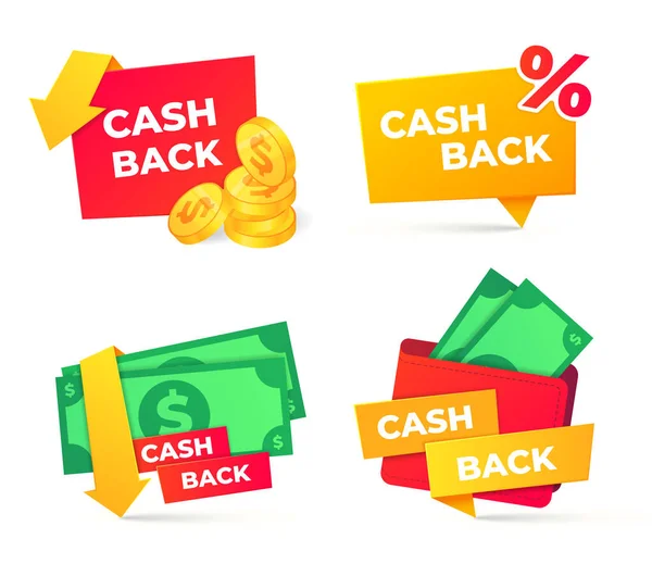 Insignes Cashback Portefeuille Avec Billets Dollars Payer Ligne Recevoir Service — Image vectorielle