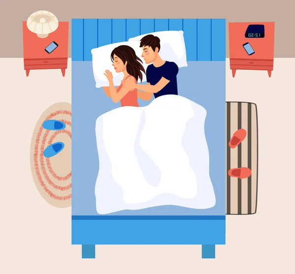 有几个人睡在床上男男女女躺在毛毯下 家人在卧室里做梦 丈夫和妻子在夜间卧房休息的图片 — 图库矢量图片