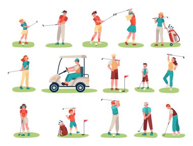 Golf oyuncuları karakterleri. Çocuklar ve ekipmanlı genç sporcular çimlerde golf oynuyorlar. Erkek karakter binicilik arabası, üniformalı insanlar golf sopalarıyla topa vuruyor.