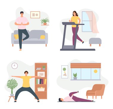 Ev egzersizleri. Erkek ve kadın karakterler yoga yapıyor. Koşu bandında kadın antrenmanı, erkek esneme hareketleri. Sağlıklı bir yaşam tarzı, aktif olarak zaman geçirmek. Antrenman vektörü illüstrasyonu olan insanlar