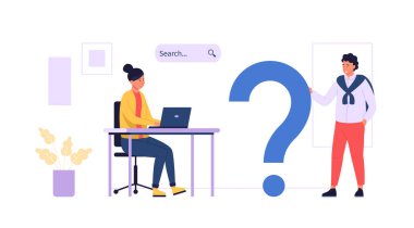 Adamın elinde büyük bir soru işareti var, kadın dizüstü bilgisayarla masada oturuyor ve cevap arıyor. Teknolojiyi kullanarak bilgi topluyorum. Çizgi film erkek karakteri destek vektörü alıyor