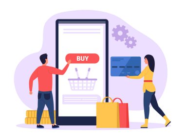 İnternetten alışveriş. Kadın ve erkek internetten mal alıyor. Akıllı telefon ekranında erkek karakter tıklama düğmesi satın al. Ödemek için kredi kartı tutan kız. Modern teknoloji vektör illüstrasyonu
