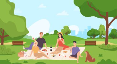 Yaz pikniği ve dinlenme. Şehir parkında yemek yiyen bir grup arkadaş. Genç adam ve kadın battaniyeye oturmuş pizzayla şarap içiyorlar. Yaz zamanı dış aktivite vektörü