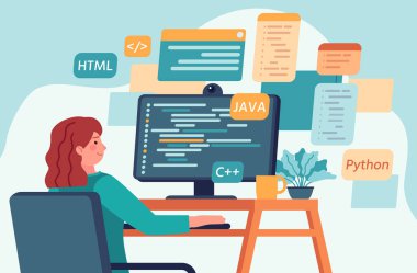 Web tasarımcısı ve programcı masaüstü bilgisayarında çalışıyor. Çizgi film kadını farklı programlama dillerinde Java ve piton olarak kodluyor. Kadın karakter geliştirme yazılımı, tasarım vektörü oluşturma