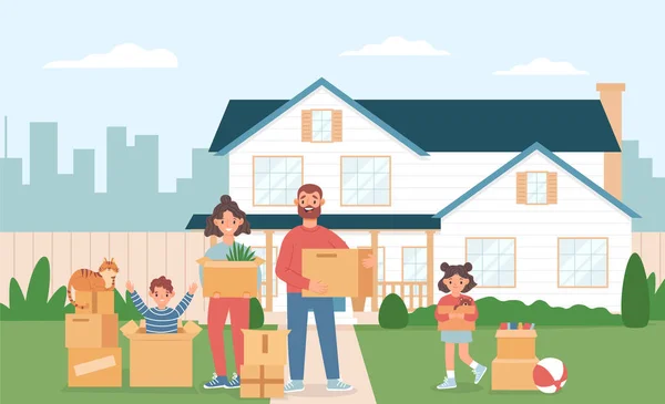 Familia Muda Casa Nueva Los Padres Hija Llevando Cajas Cartón — Vector de stock