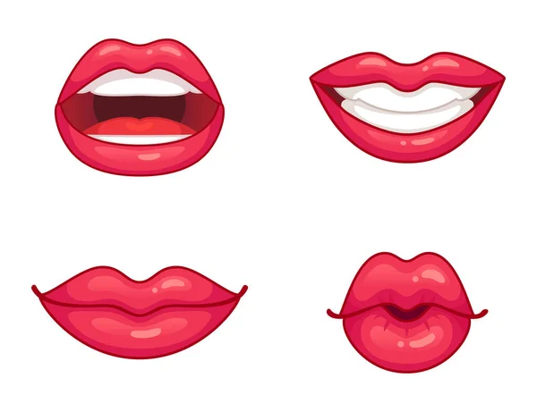 唇のコレクション 異なる表情で光沢のあるピンクの口紅 白い歯で笑みを浮かべて 半分開いて閉じられた位置を白のセットに隔離された 女性の魅力的な唇ベクトルイラスト — ストックベクタ