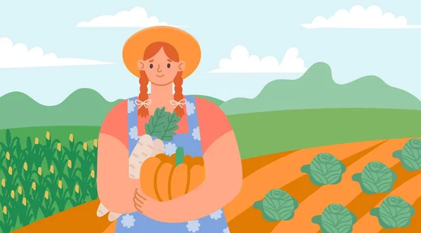 Organik Tarım Ürünleri Neşeli Çizgi Film Kadını Elinde Taze Sebzelerle — Stok Vektör
