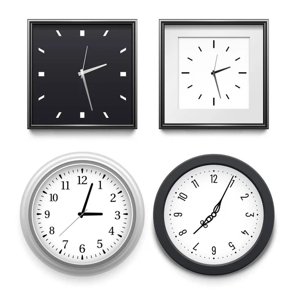 現実的な時計が壁にかかっている 黒と銀のフレームでラウンドと正方形の古典的な時計 数字とダイヤルし 自宅やオフィスの独立したベクトルセットなしで 時間を示すオブジェクト — ストックベクタ