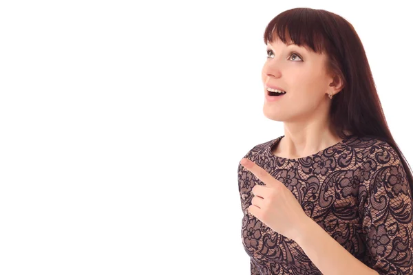 The girl being surprised points a finger — Stock Photo, Image