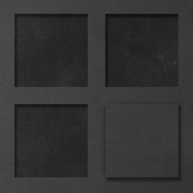 Koyu beton arka planda siyah dikdörtgen modeller. Tasarım elemanları ya da portföy. Boşluğu kopyala.