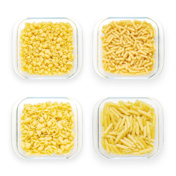 Pasta in glass plates. Isolated on white. Collage. — Stockfoto