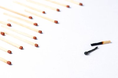 Beyaz arka planda yanmış kibritler. İş yerinde tükenme sendromu konsepti. Boşluğu kopyala