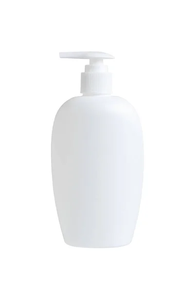 Garrafa de plástico branco para shampoo ou sabão. Isolado em branco. Espaço de cópia — Fotografia de Stock