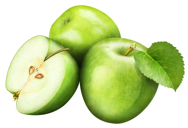 Saftigt grönt äpple med blad på vit bakgrund, frukt — Φωτογραφία Αρχείου
