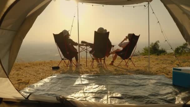 Gruppe Junger Asiatischer Freunde Die Während Eines Sommerlichen Campingurlaubs Einem — Stockvideo