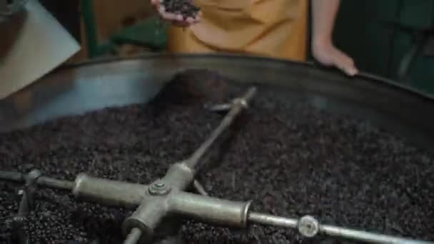 Genç Bir Adam Kendi Fabrikasında Fırından Fırınlanmış Kahveyi Kokluyor Aile — Stok video