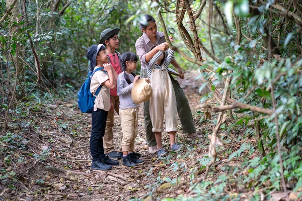 Azjatyckie Nauczycielki Zabierają Uczniów Ścieżkę Przyrodniczą Aby Studiować Przyrodę Prawdziwych — Zdjęcie stockowe