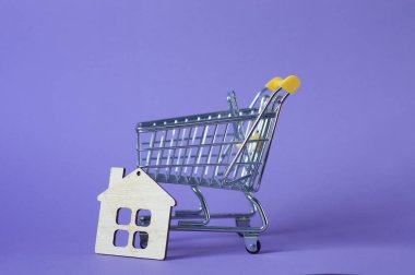 Bir alışveriş arabasında ahşap küçük dekoratif ev, açık mavi arka plan, kopya alanı, satış ve emlak konsepti satın alma