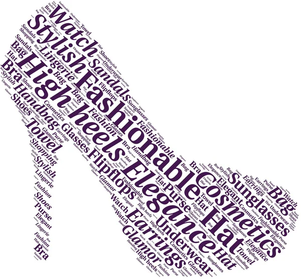 kelime bulutu yüksek topuk şeklinde. Ayakkabı farklı kadın moda aksesuarları ile yapılır.