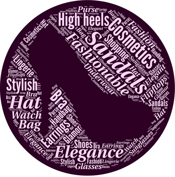 Word cloud in a shape of high heel. The shoe is made of different