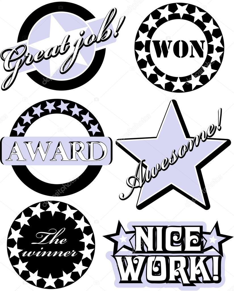 Rubber stamp with the text great job, won, award, nice work, the winner and awesome written inside the stamp