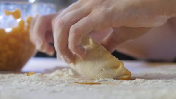 Vrouw handen maken appeltaart op de houten tafel met bloem — Stockvideo