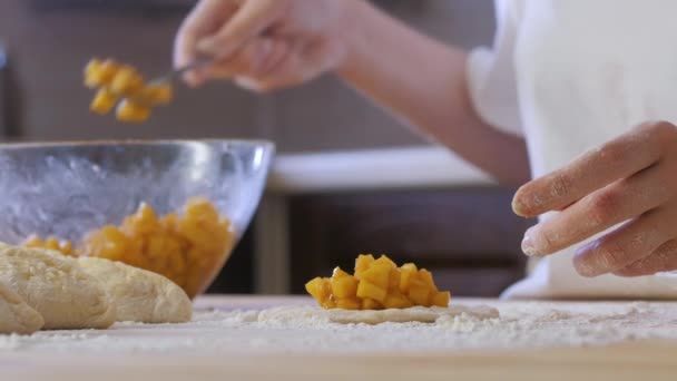 Mãos amassar a massa e aplicar recheio de maçã para a torta — Vídeo de Stock