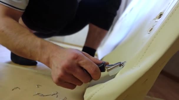 Εργαζόμενος αφαιρώντας παλιά ταπετσαρία από μέρος του κρεβατιού με συρραπτικό — Αρχείο Βίντεο