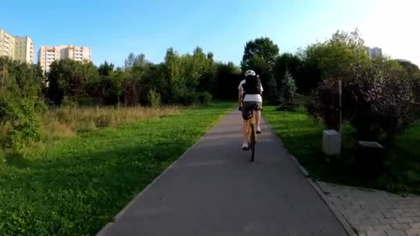 Cyklista se v létě projíždí po pěšině v parku mezi stromy. Zadní pohled — Stock video