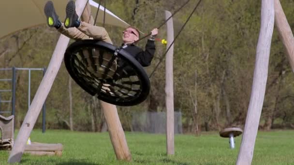 L'homme balance sur un nid suspendu balançant dans le parc vert comme dans l'enfance — Video