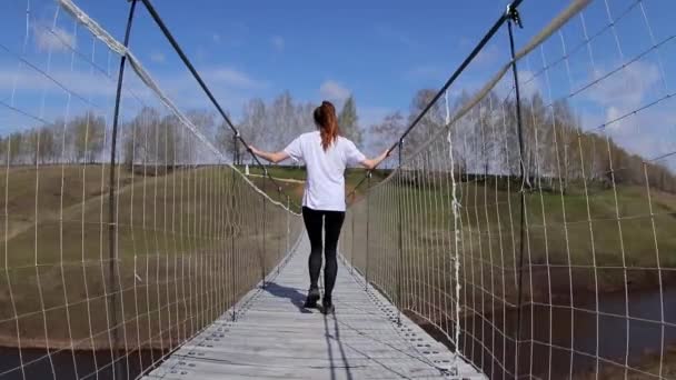 Femme marche sur un pont de corde au-dessus d'une petite rivière dans un parc national. Vue arrière — Video