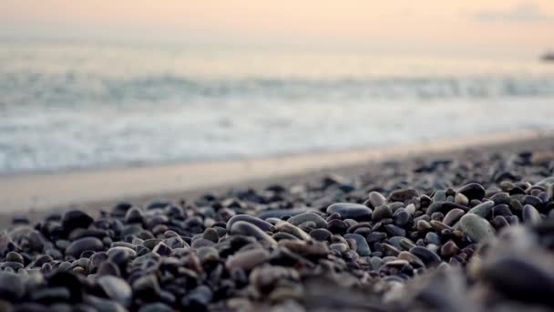 Praia de seixos e ondas de mar borradas ao pôr-do-sol rosa — Vídeo de Stock