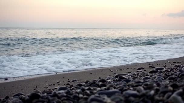 ピンクの日没時のビーチと青い海の波 — ストック動画