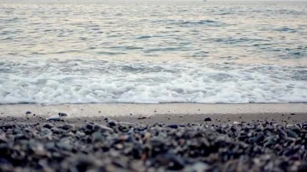 Olas espumosas al atardecer en una orilla de guijarros y arena — Vídeo de stock